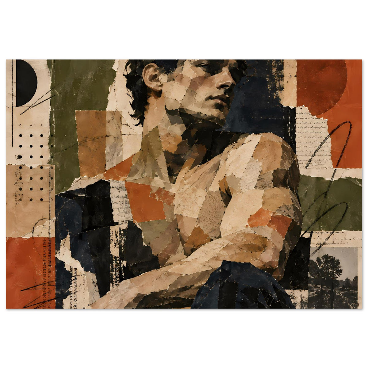 Wandposter mit Porträt-Collage aus Papiertexturen, warmen Braun- und Grüntönen