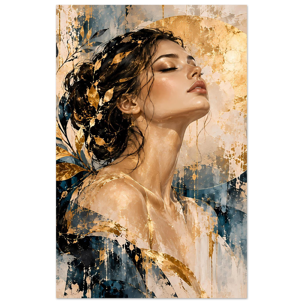Kunst-Poster im Querformat: Frauengesicht im Profil, schwarzes Haar, goldene Akzente, blau-beige Farbflächen