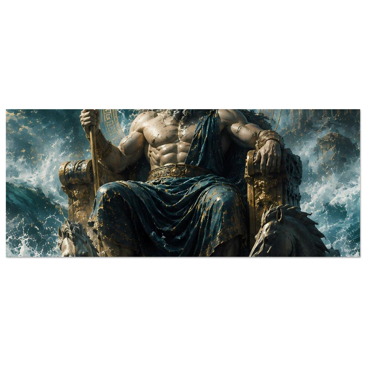 Poster im Querformat mit Poseidon und erhobenem Dreizack, Goldornamenten und Mantel