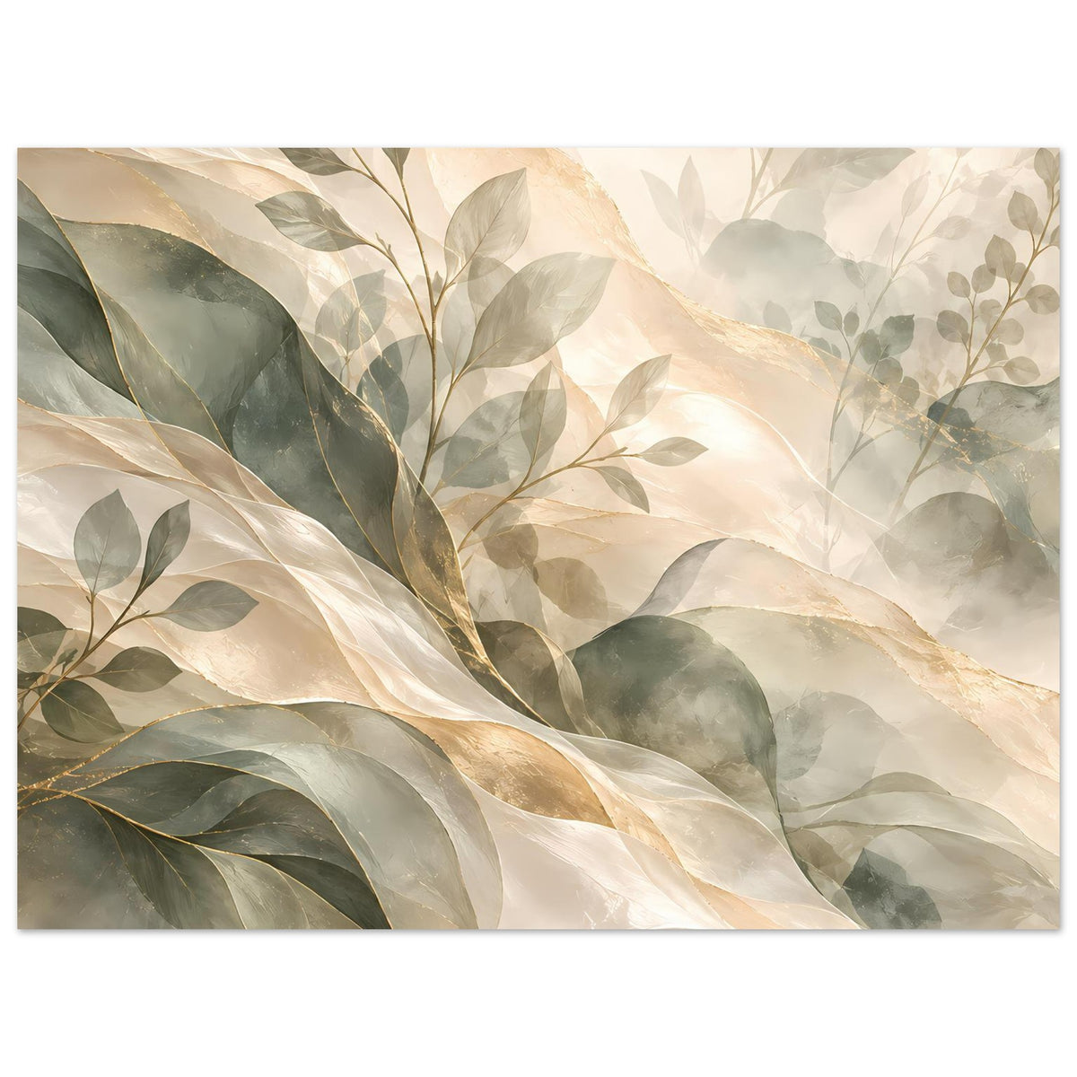 Botanisches Kunstposter, sanfte Blätter und Zweige in Salbeigrün, Creme und beigen Tönen