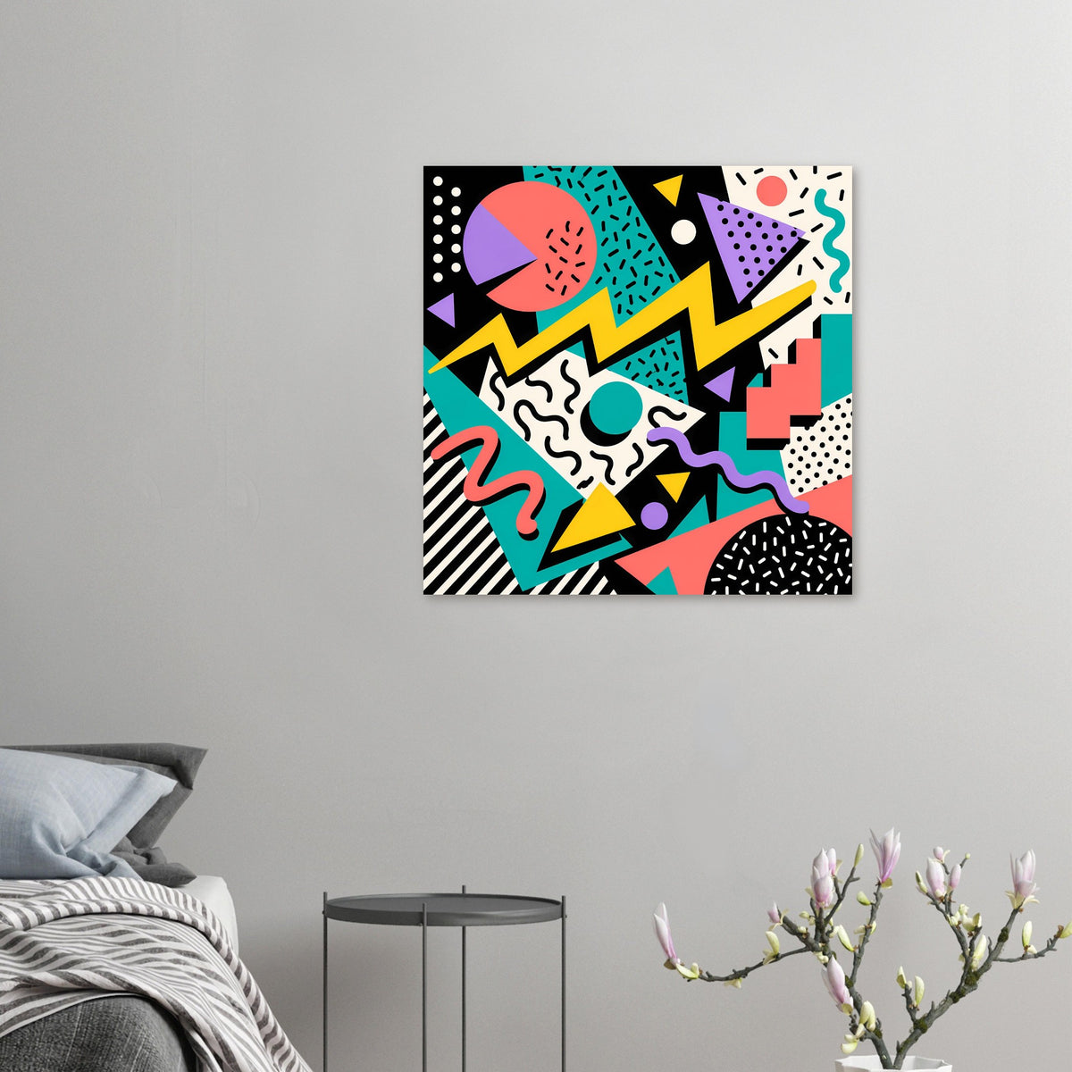 Kleines geometrisches Retro-90er Poster mit bunten Formen und gepunkteten Mustern.