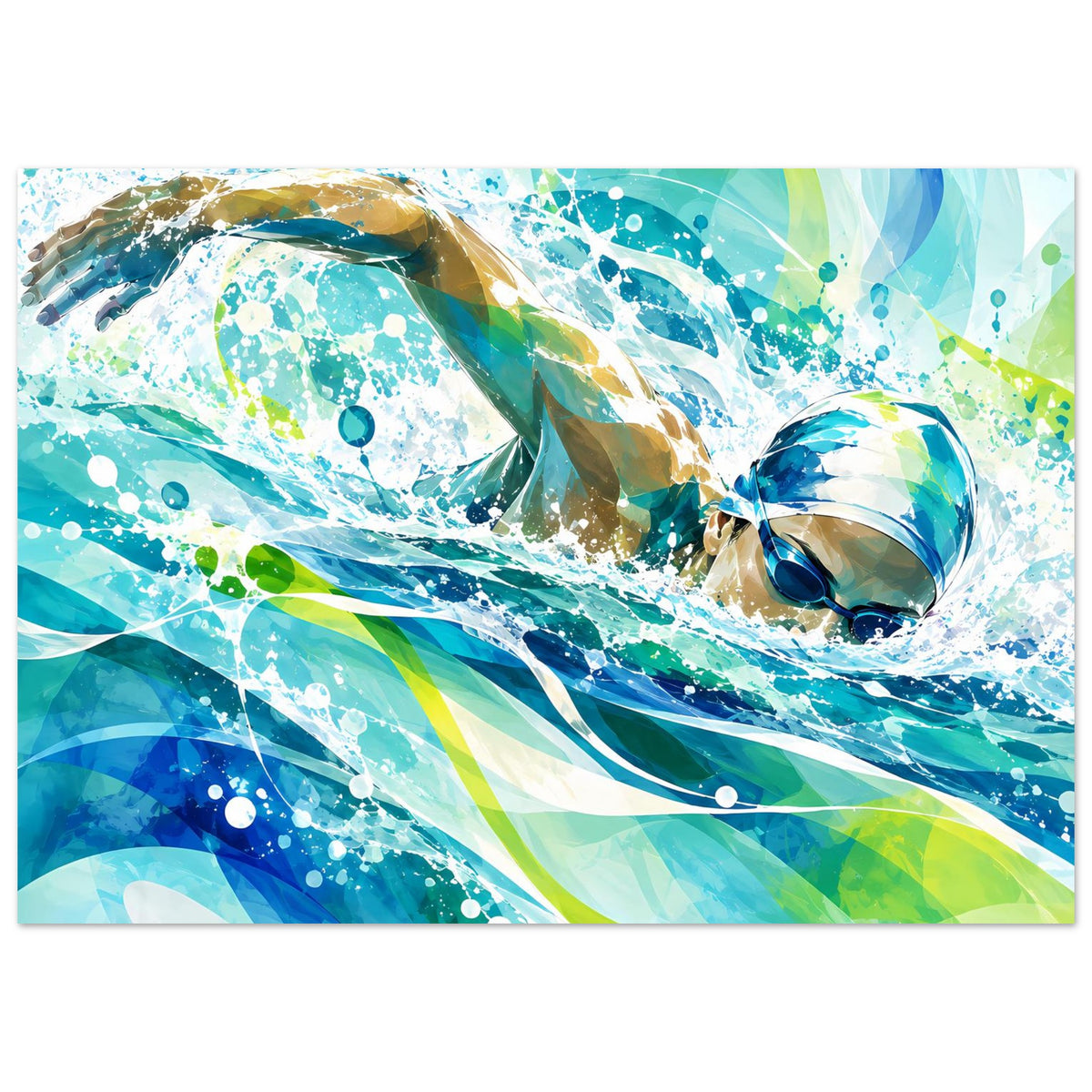 Querformat-Poster mit Schwimmern unter Wasser, spritzige Blasen und Wellen in Blau/Grün