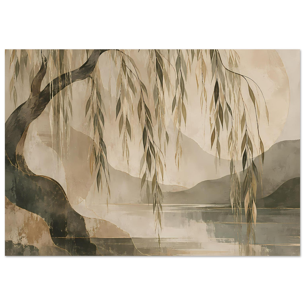 Horizontales Willowbaum-Kunstposter mit hängenden Zweigen und gedämpftem Erdton-Motiv