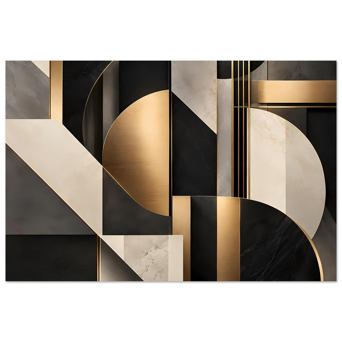 Geometrisches Poster mit goldfarbenem Halbkreis und Streifen, schwarz/weißes Marble, breit