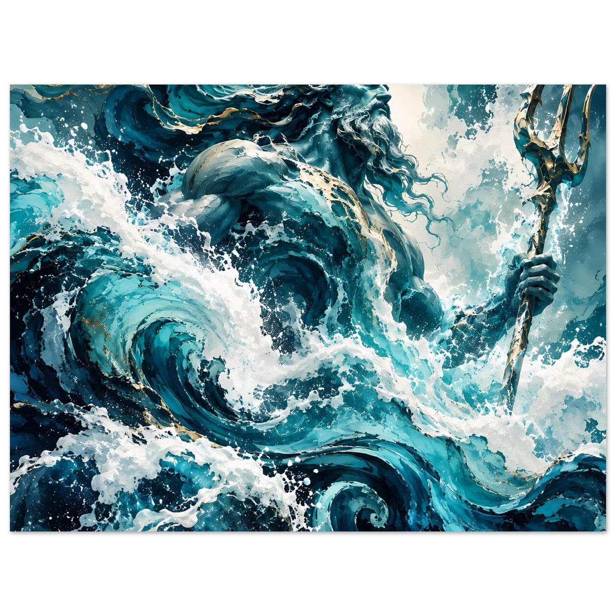 Horizontales Wandposter mit Meeresgott und goldenem Dreizack, Wellen in Blau und Weiß.