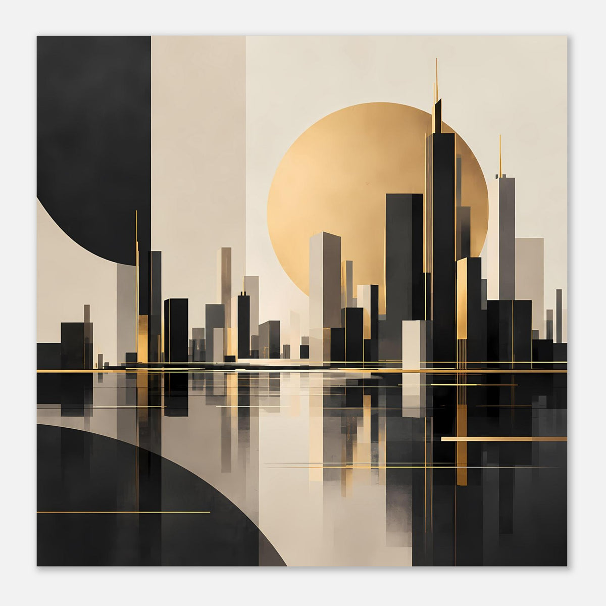Poster mit dunkler Skyline, goldenem Halbmond und reflektierenden Linien über Wasser