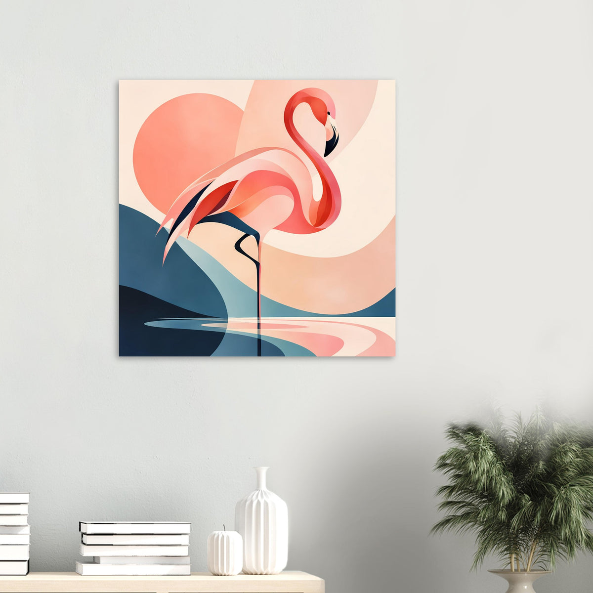 Flamingo-Sonnenuntergang Kunstdruck mit rotem Flamingo, Pastellflächen und blauem Wellenmotiv.