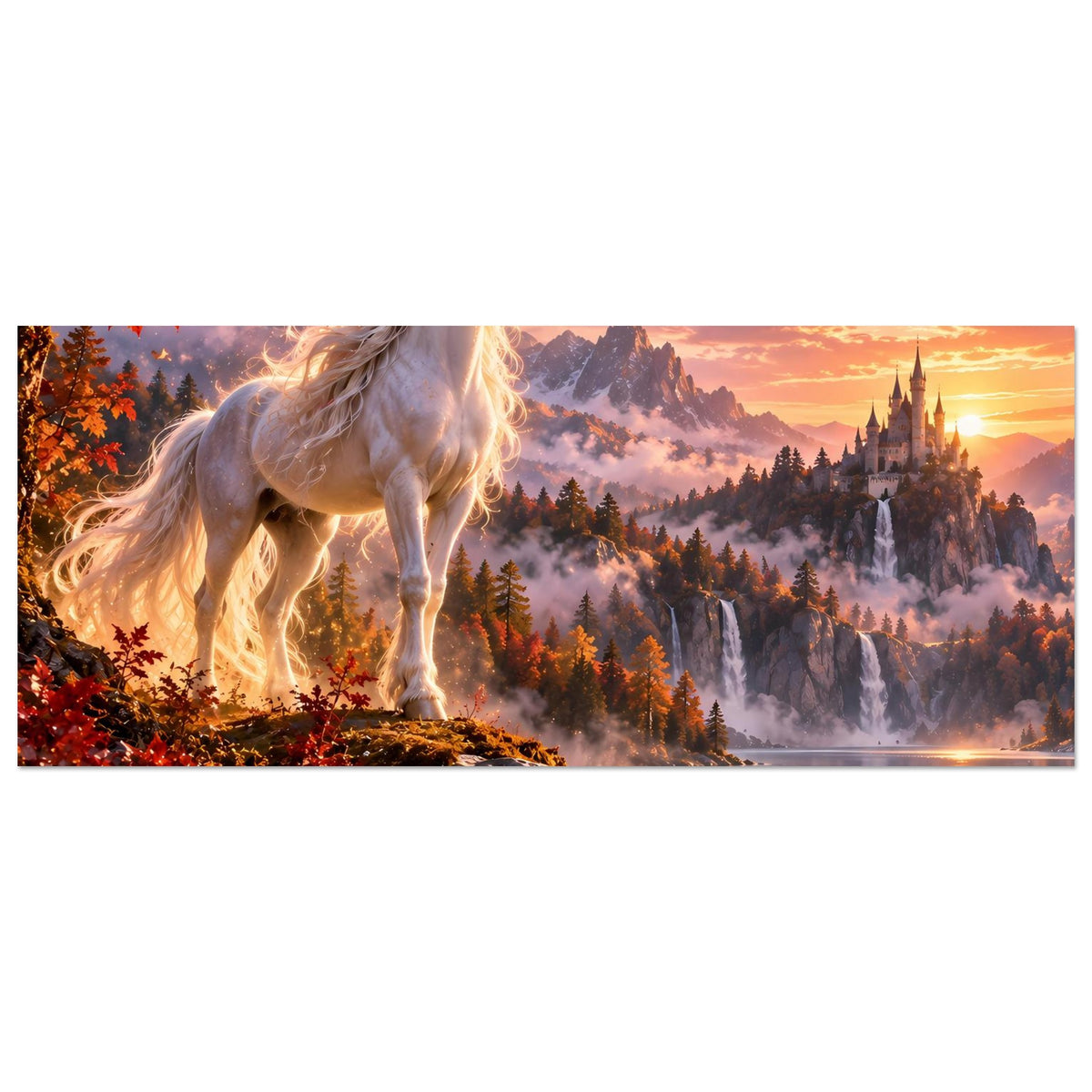 Querformat-Fantasyposter mit weißem Einhorn, Schloss und Sonnenuntergang, breite Panoramaansicht