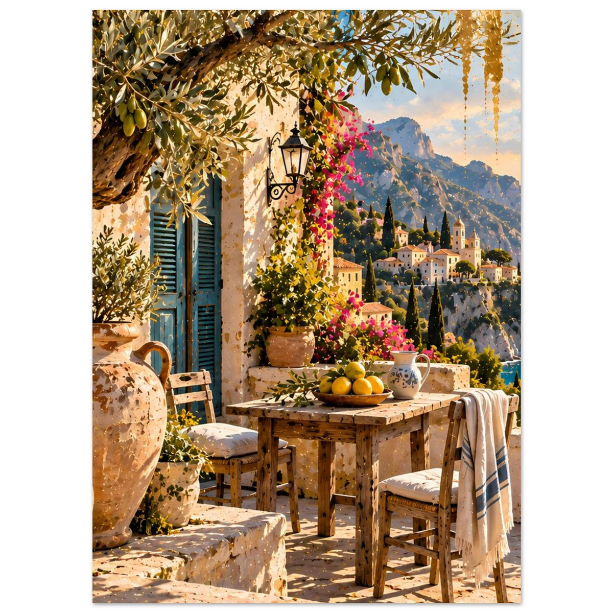 Sonnenuntergangs-Poster mit mediterraner Ansicht: Tisch mit Früchten, Laterne und Meer am Hang
