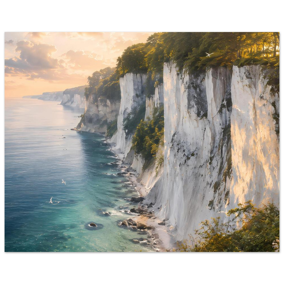 Kunstdruck Poster im Querformat: Kreideklippen, türkisfarbenes Meer und Abendsonne
