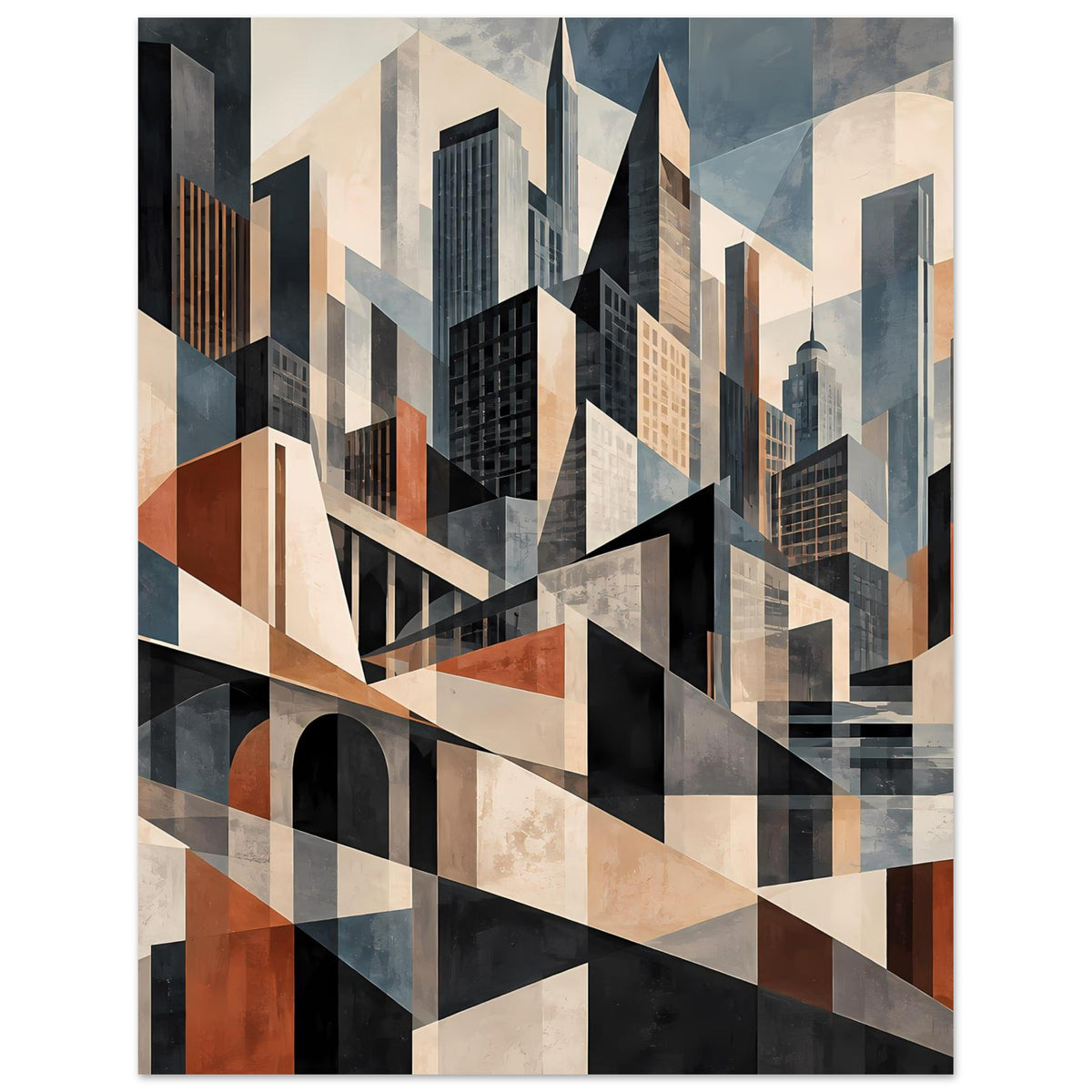 Architekturposter mit abstrakter Stadtlandschaft: Hochhäuser, Treppenlinien und Brückenbogen in gedeckten Farben