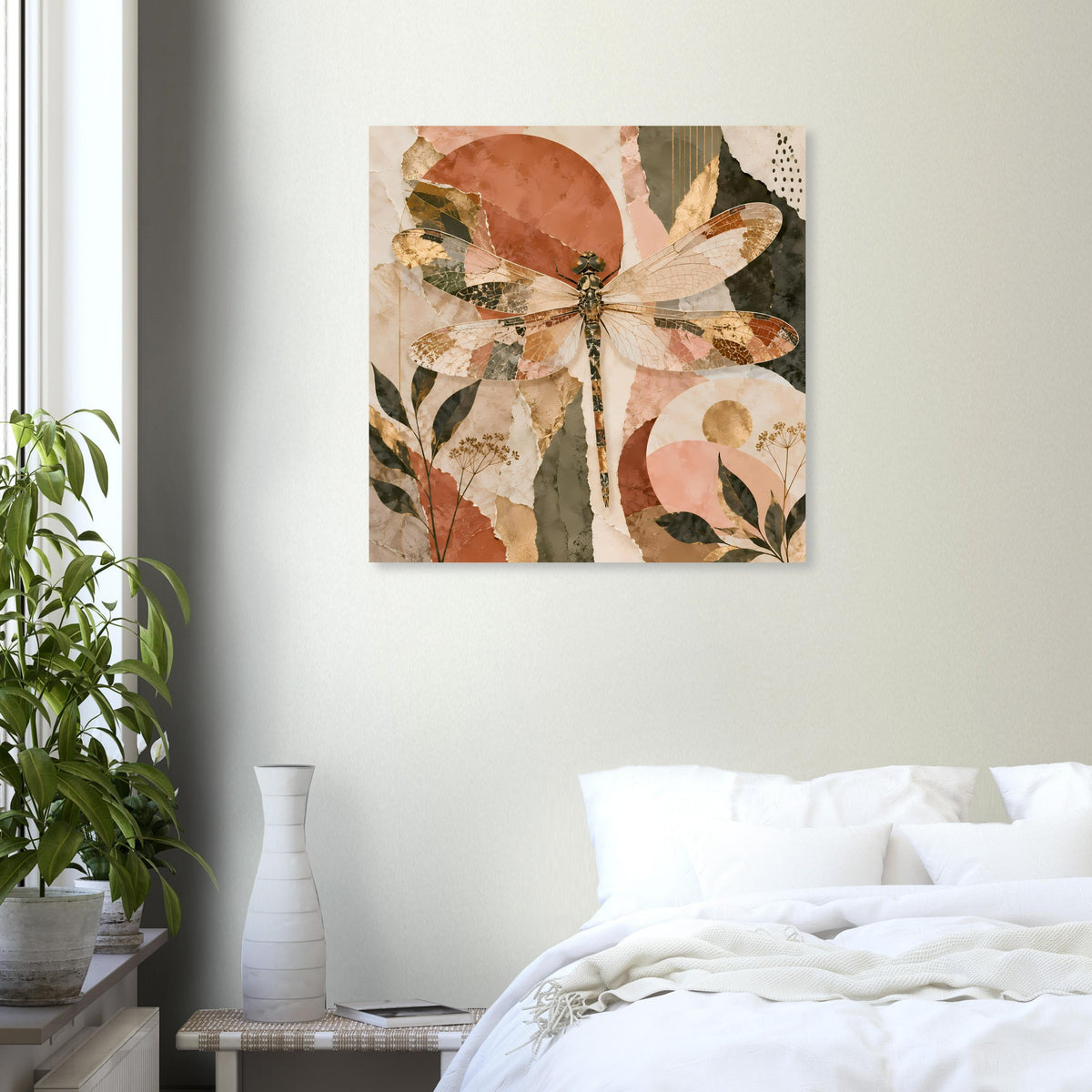 Boho-Chic Libellen-Poster, quadratisch, naturfarbenes Libellenbild