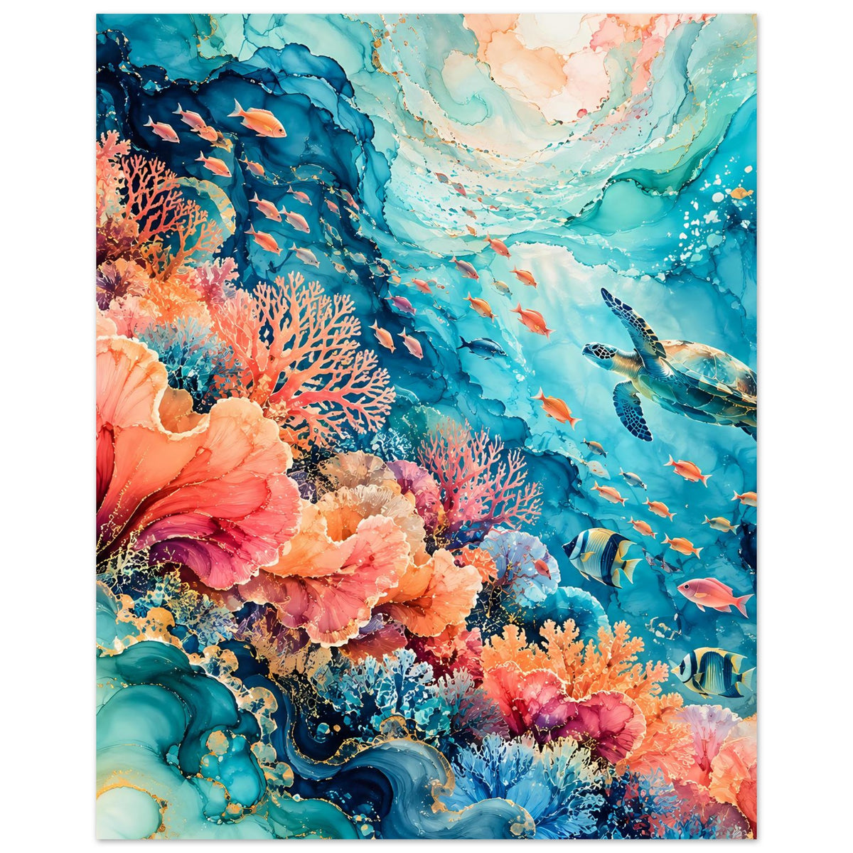 Unterwasserparadies-Poster im Hochformat: Korallen und zahlreiche Fische im blauen Meer