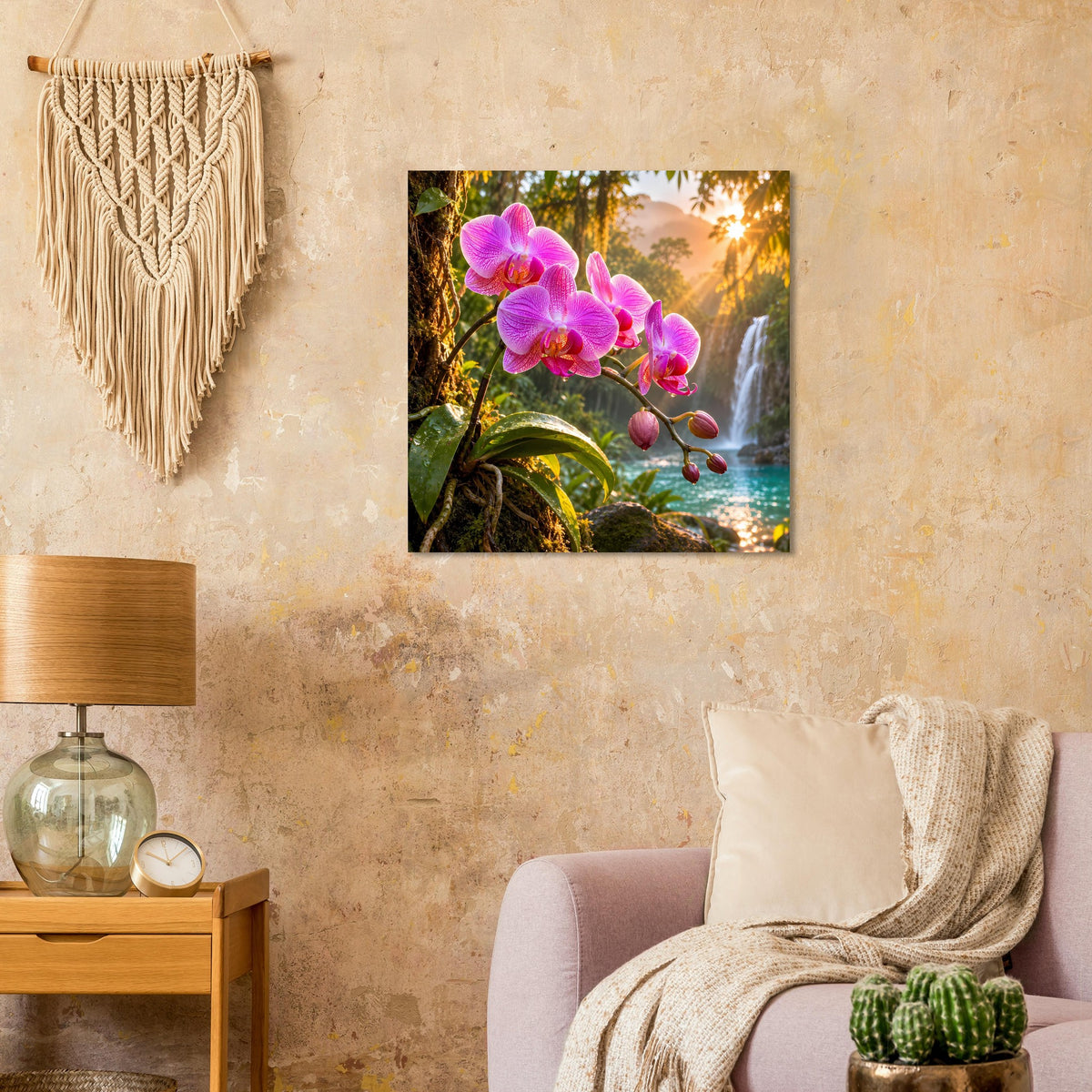 Gerahmtes Poster mit pinken Orchideen, grünen Blättern und Wasserlauf