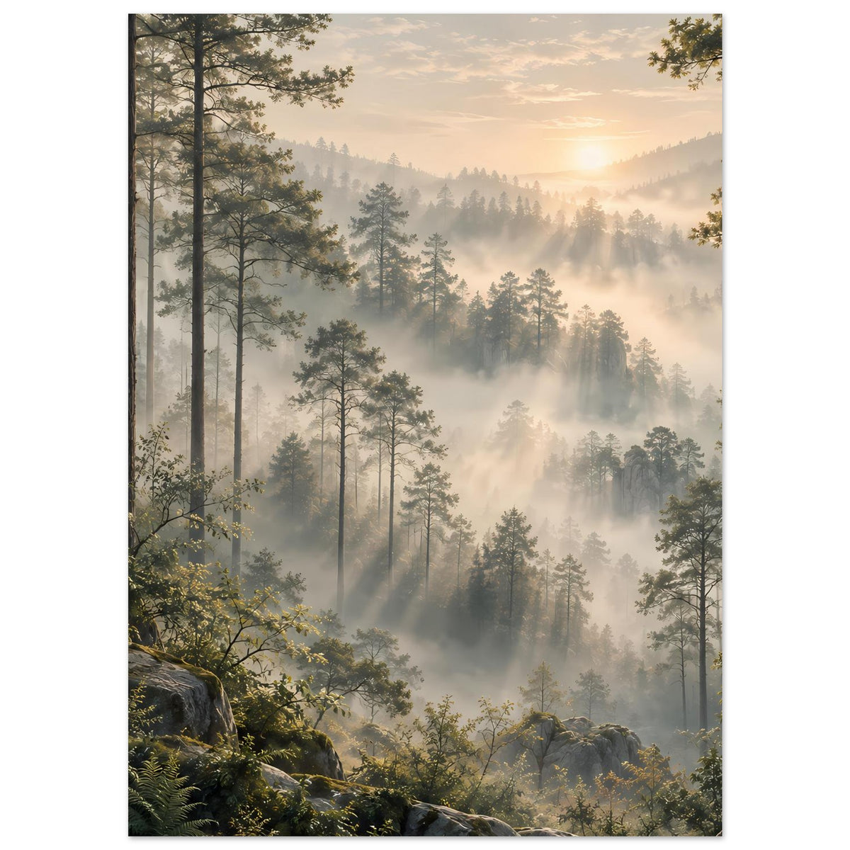 Waldlandschaft-Poster mit Nadelbäumen, Farnen und Morgennebel im weichen Licht
