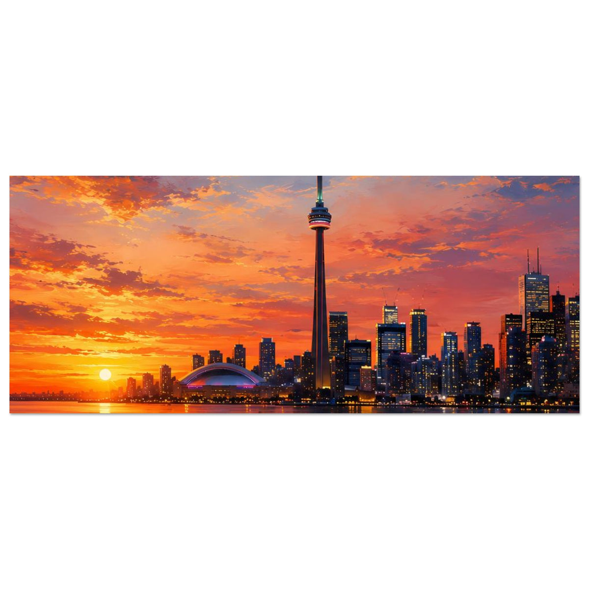 Querformat-Poster mit City-Skyline und CN-Tower im Sonnenuntergang, mit Wasser am Rand