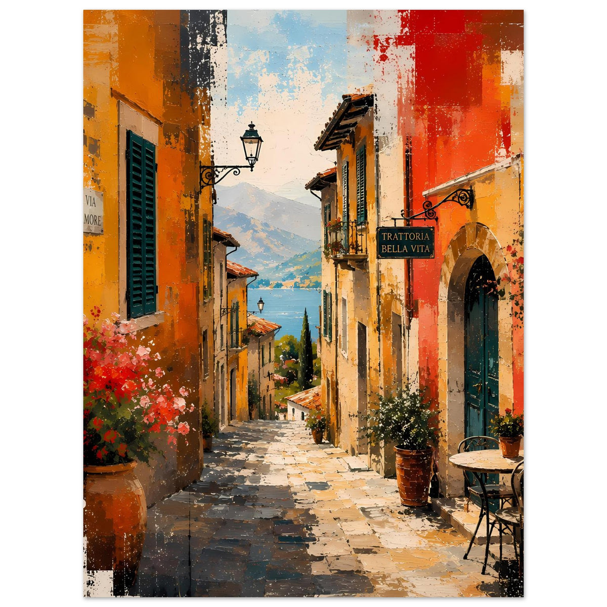 Mediterranes Wandposter Hochformat mit Gasse, orange-roten Fassaden, blauen Fensterläden und Blumen