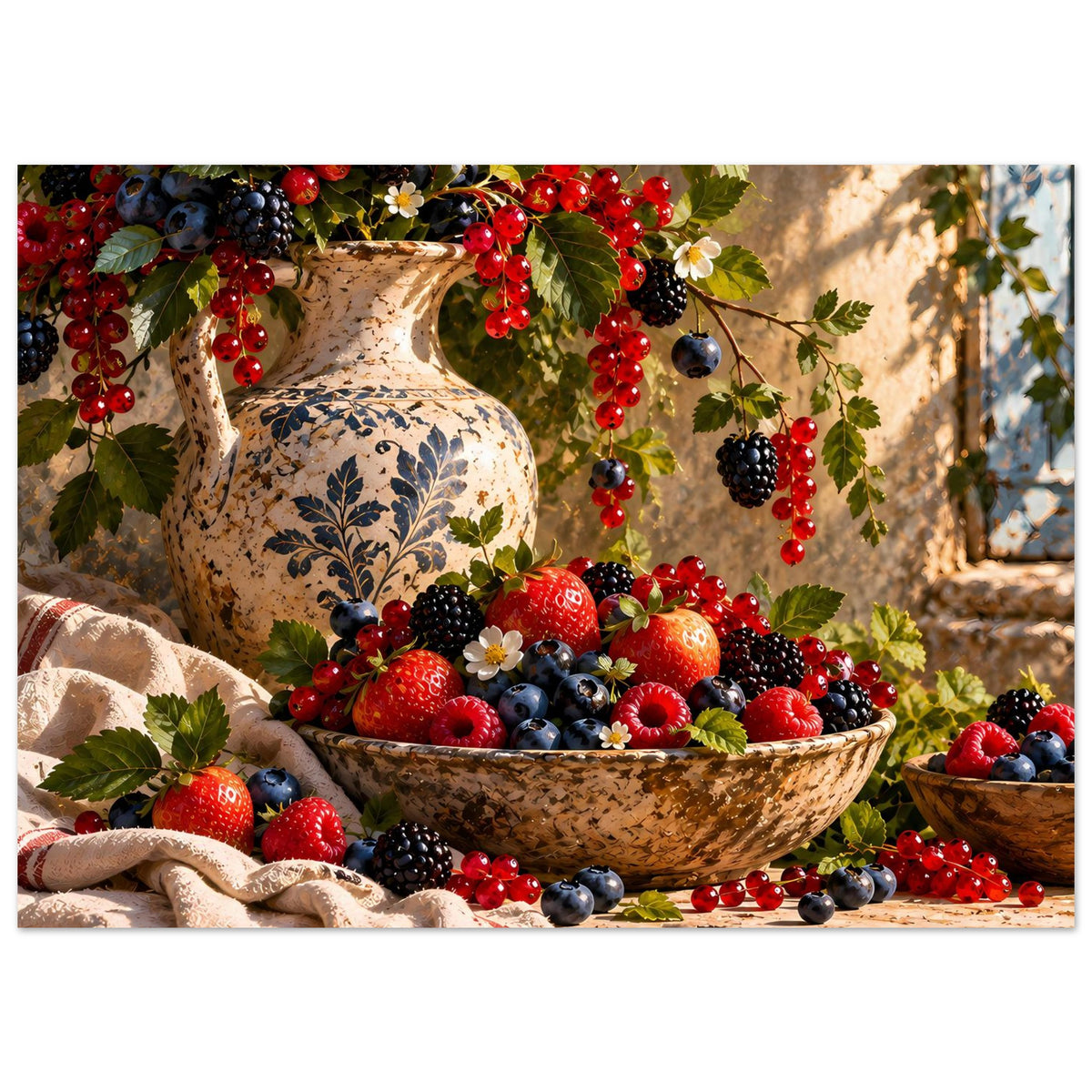 Beeren-Stillleben-Poster mit Vase, großer Schüssel voller Beeren und verstreuten Beeren auf dem Tisch