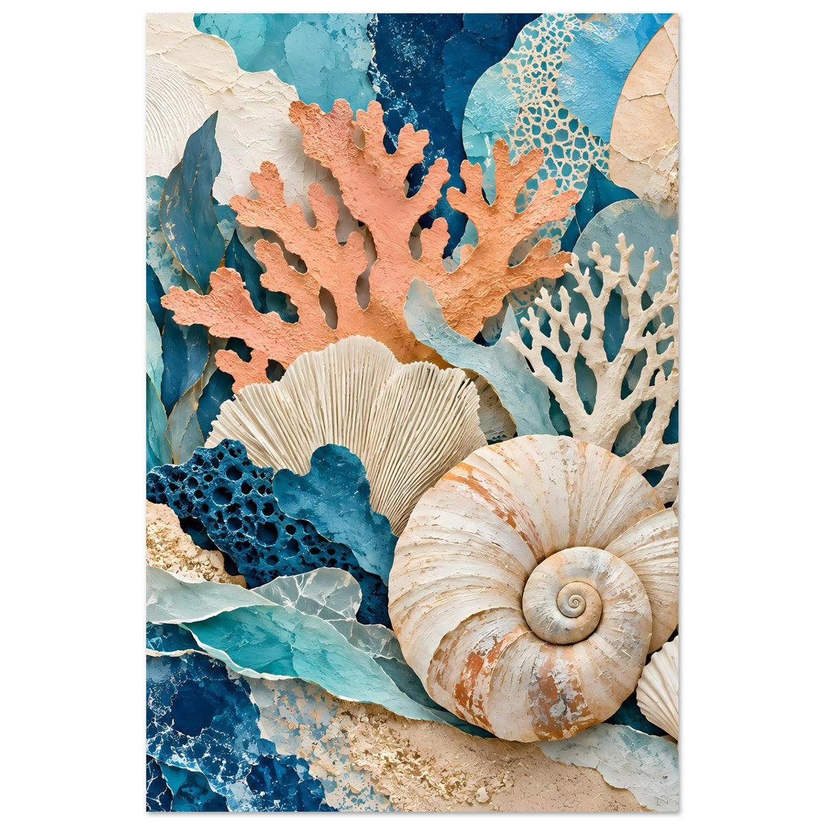 Poster mit Korallen- und Muschelmotiv in Blau- und Beigetönen, hochkant