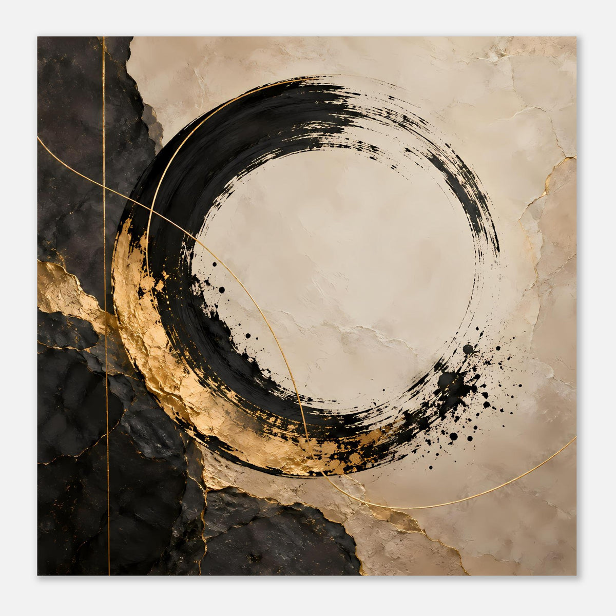 Kunstposter mit Kreisring in Schwarz-Beige und feinen goldenen Linien