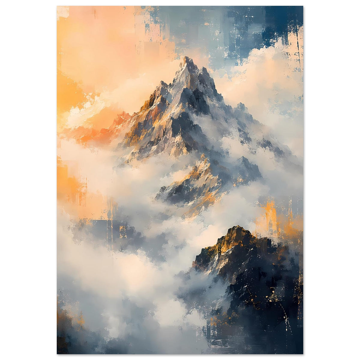 Wandposter im Hochformat mit Bergspitzen in Blau und Orange, wolkige Atmosphäre