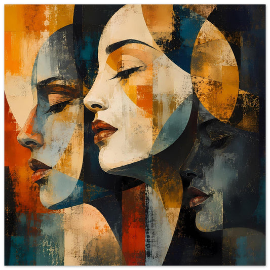 Wandposter mit abstrakten Gesichtern im Profil, mehrteilige Collage in Orange, Blau und Gelb
