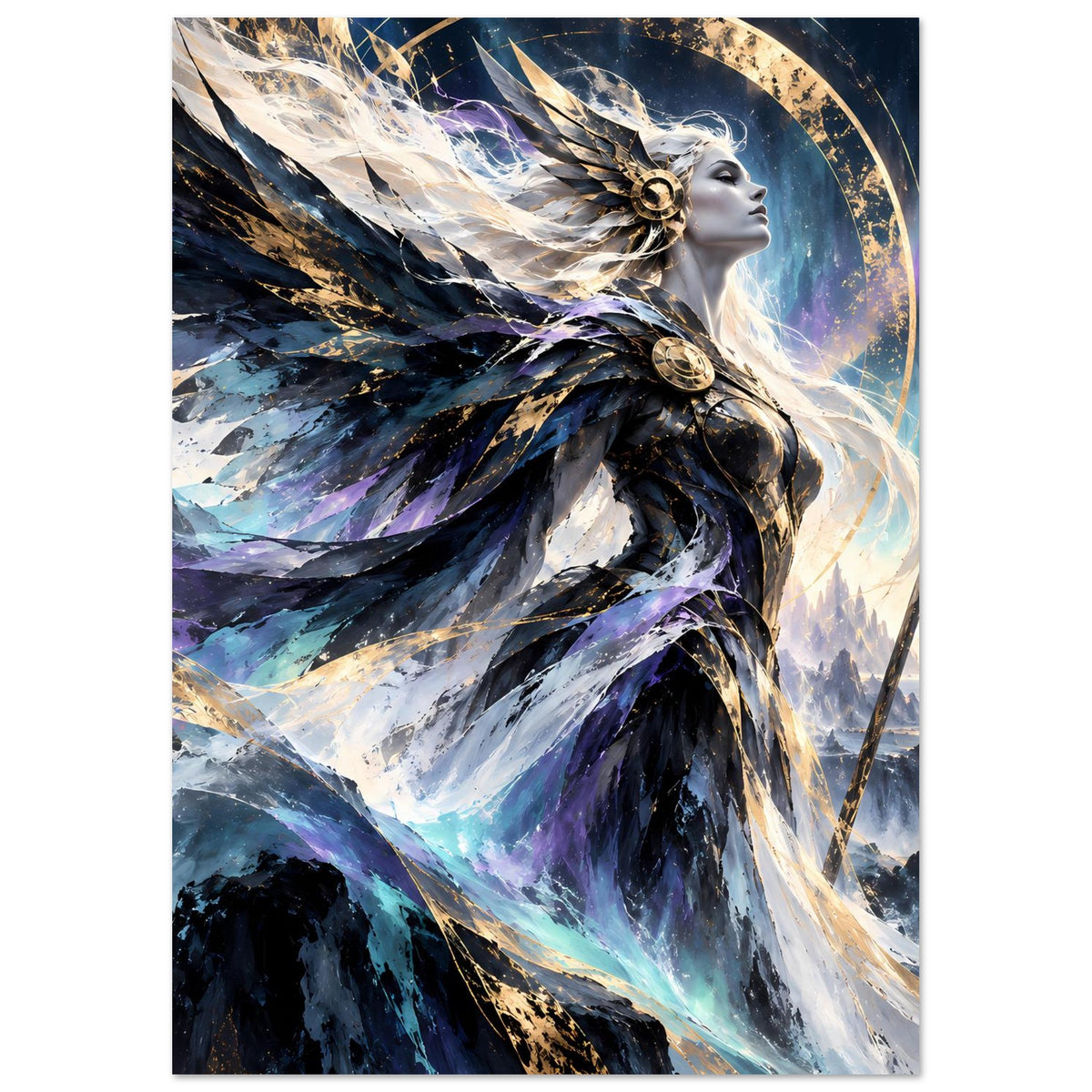 Fantasy-Göttin-Poster, vertikal: Göttin mit goldenen Schmuckelementen, blau-violett im Lichtkranz.