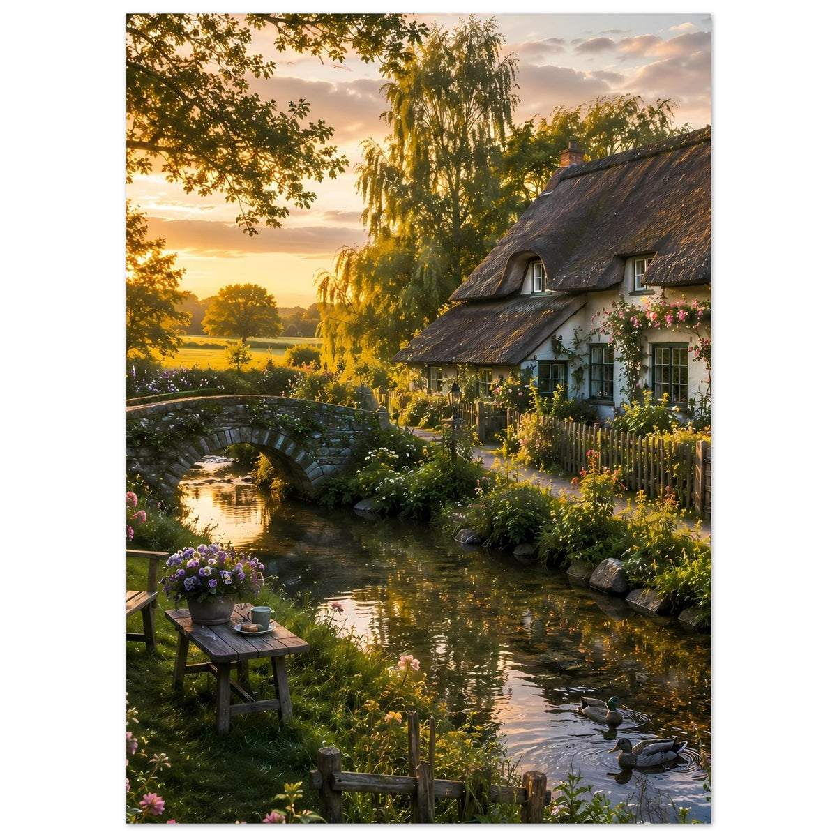 Poster mit Bach und Steinbogenbrücke, Landhaus mit Reetdach, Blumenbeet und Enten am Ufer