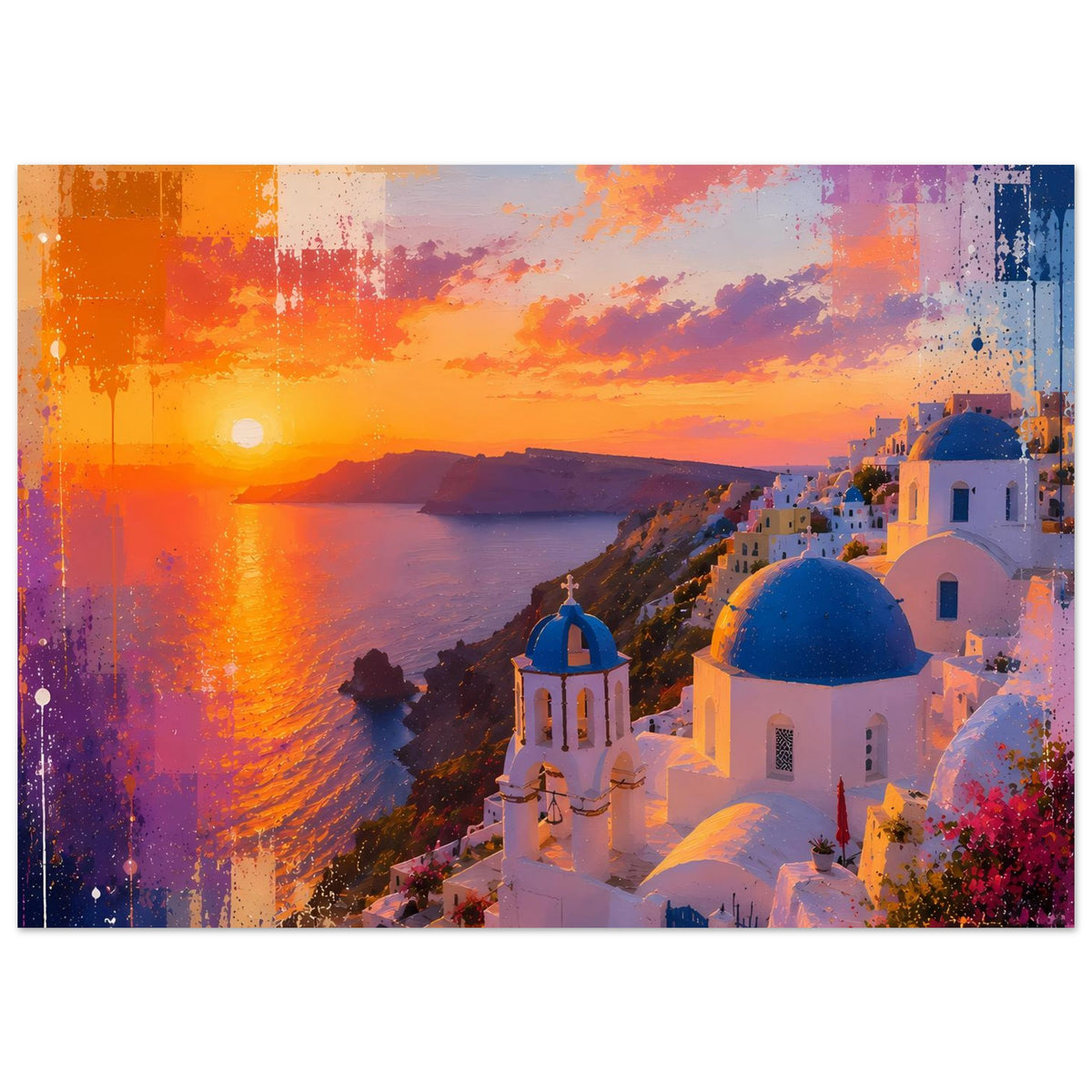 Poster, horizontales Motiv: Sonnenuntergang über dem Meer und weiße Häuser mit blauen Kuppeln