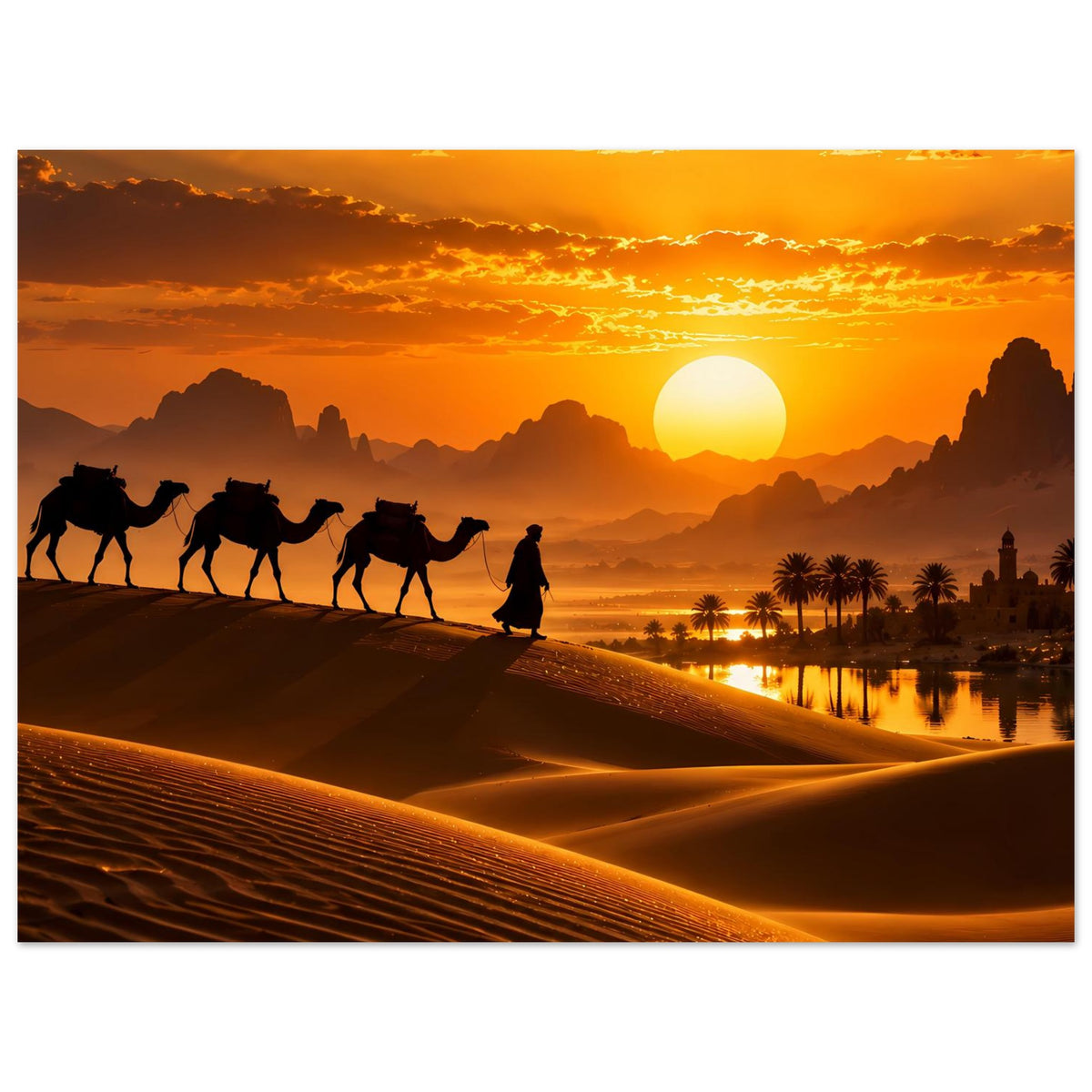 Poster: Karawane auf Sandkämmen bei Sonnenuntergang, Sonne über Bergen