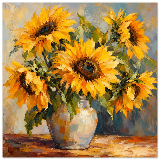 Stillleben-Poster mit gelben Sonnenblumen in Vase, orangefarbene Blüten, ausdrucksstarkem Farbauftrag