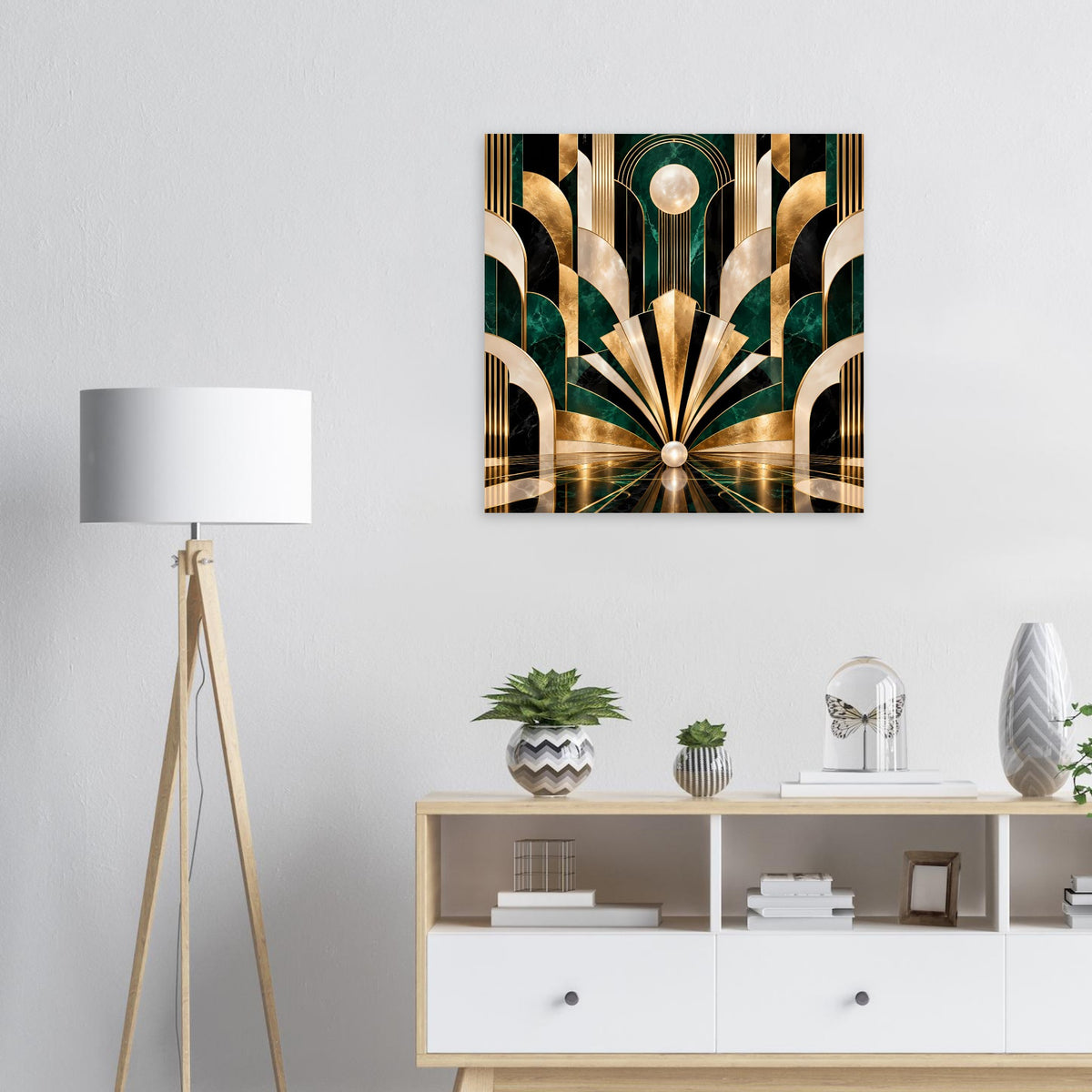Art-Déco-Poster mit goldgrünen geometrischen Bögen, vertikal