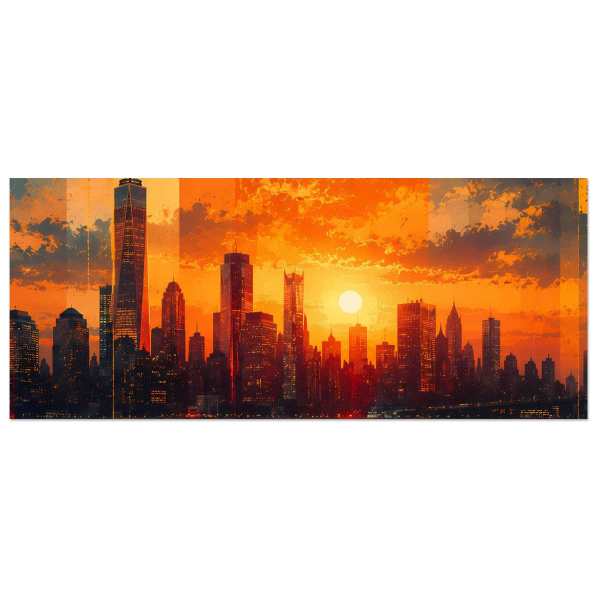 Poster Querformat mit leuchtender Skyline, orangefarbener Sonnenuntergang und Reflexion auf Wasser