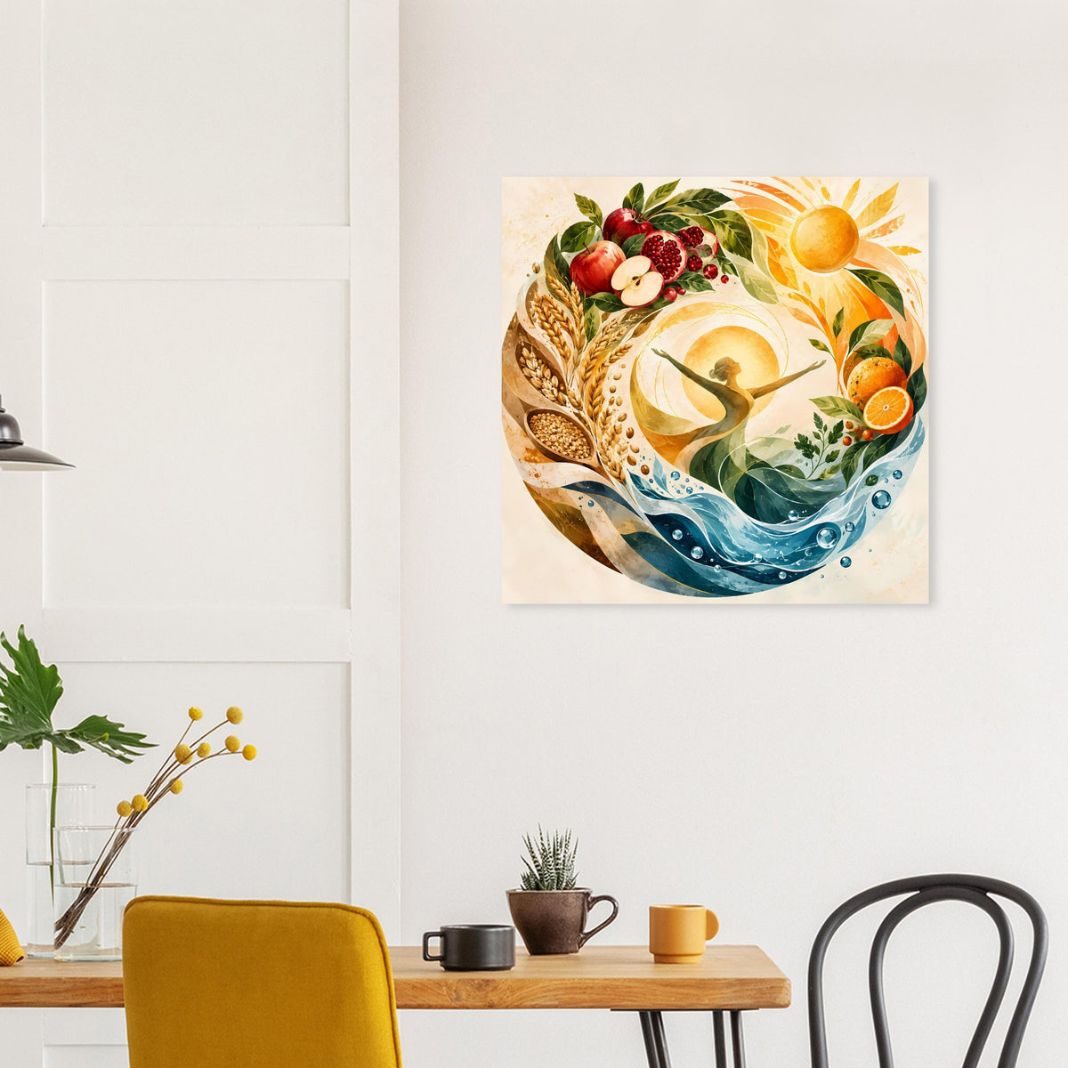 Quadratisches Naturposter mit Sonne, Beeren und Blättern, Farbkombination aus Orange und Blau