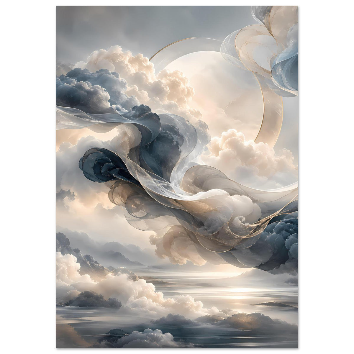 Vertikales Poster mit Wolkenlandschaft, pastellfarbenen Schleifen und hellem Sonnenaufgang