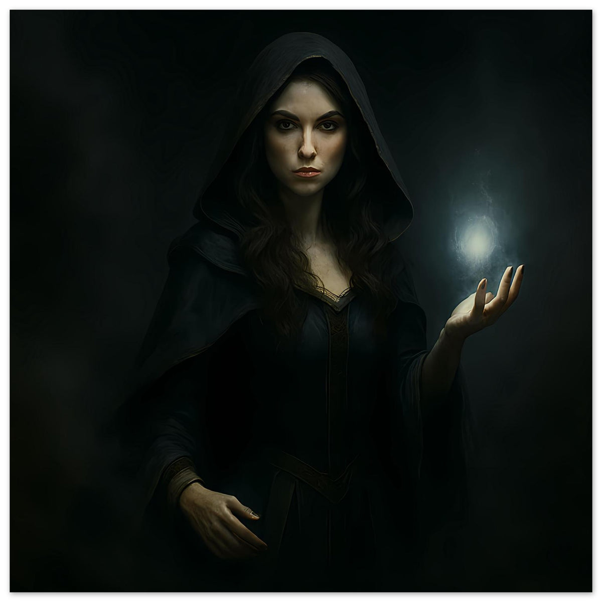 Fantasy-Poster: Porträt einer Zauberin in dunkler Kapuze, ausgestreckte Hand mit leuchtender Kugel