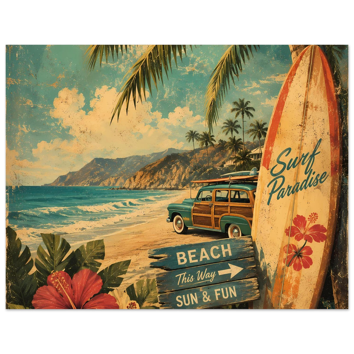 Strandposter mit Surfbrett und „Surf Paradise“, Palmen, grünem Van und „SUN & FUN“.