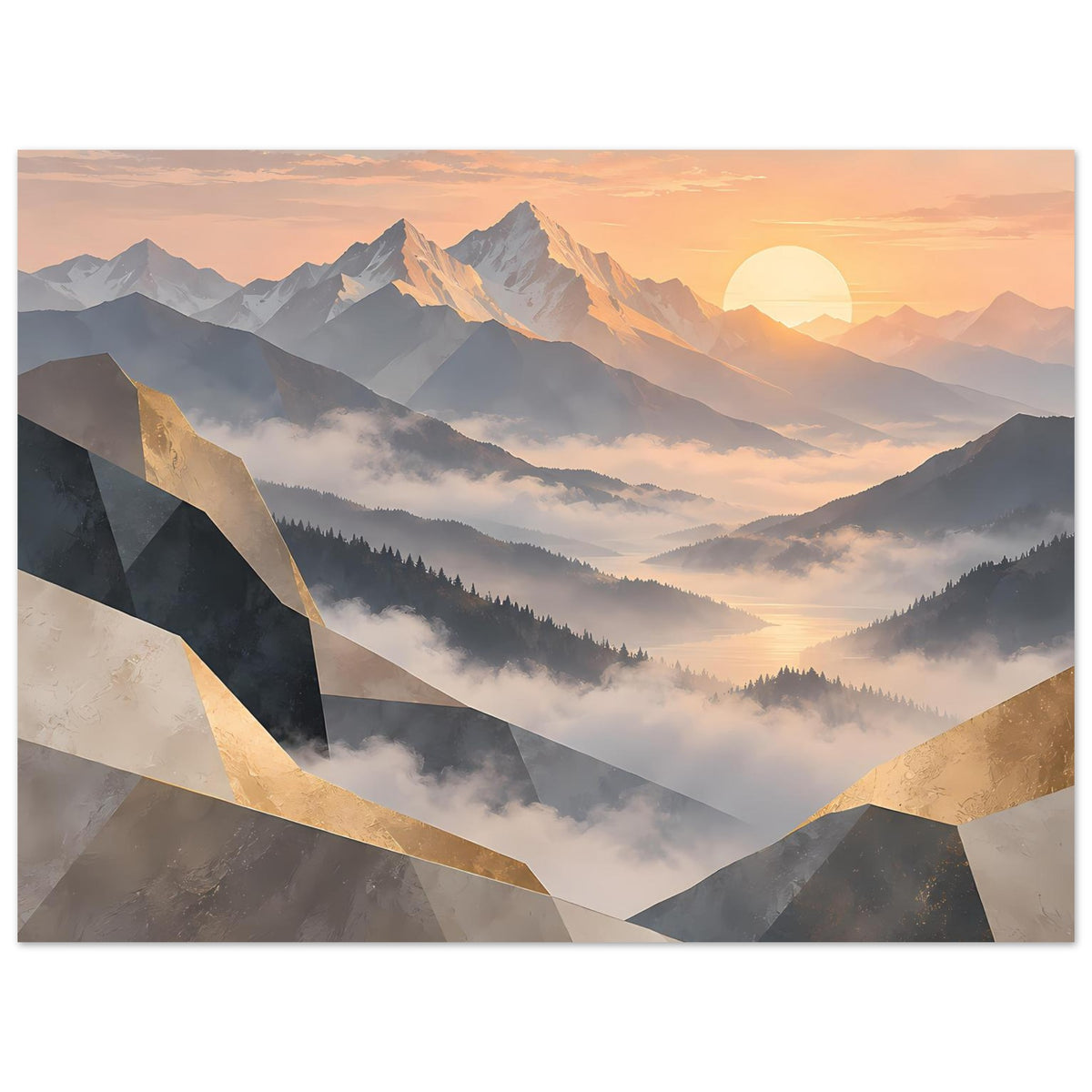 Horizontales Poster mit Bergsonnenaufgang, Nebel und goldfarbenen Akzenten in geometrischen Formen