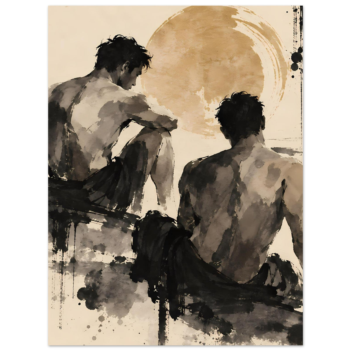Kunstdruck: zwei Figuren in warmen Sepia-Tönen mit dunklen Pinselspuren