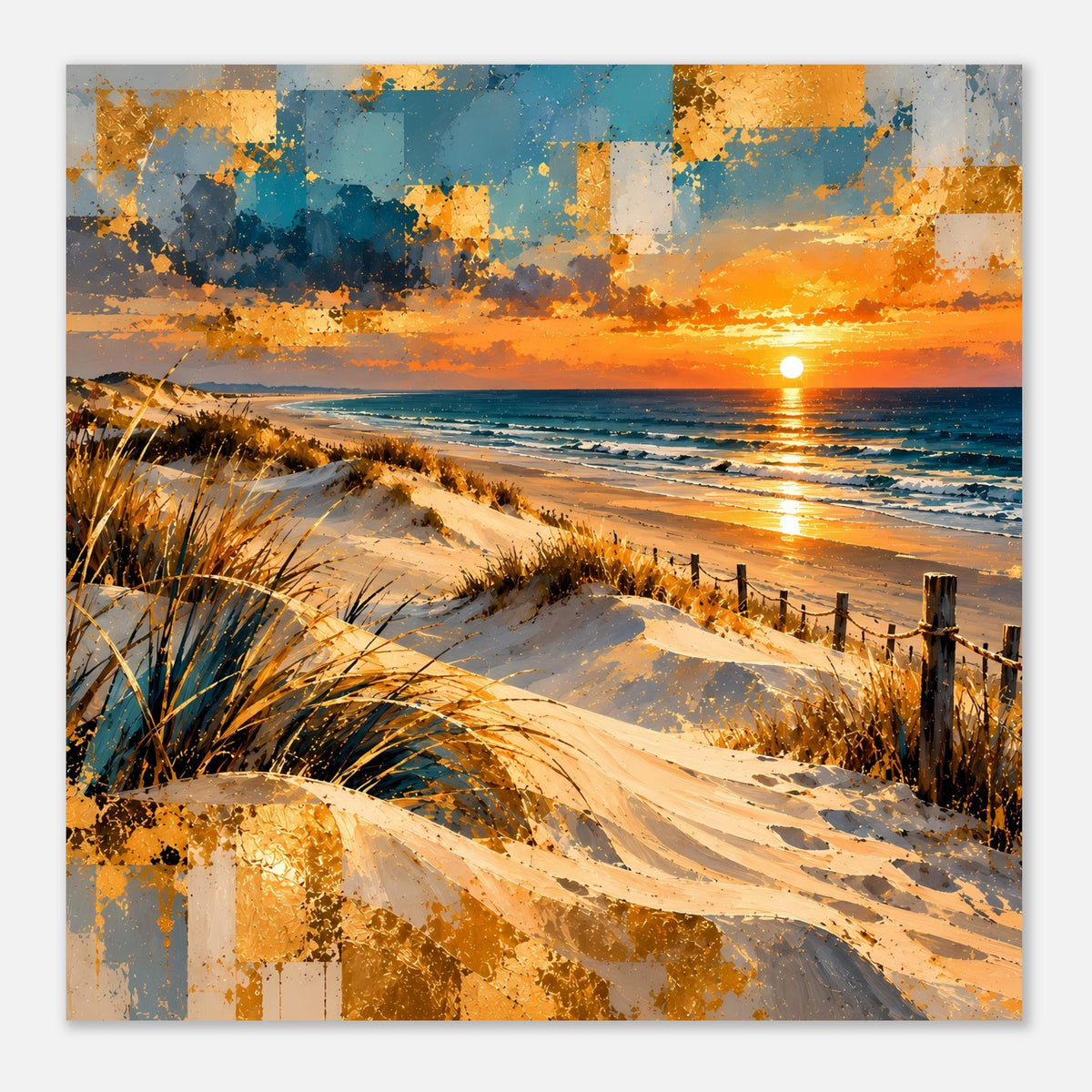 Quadratisches Poster mit Küstenblick, Dünen und goldener Abendsonne