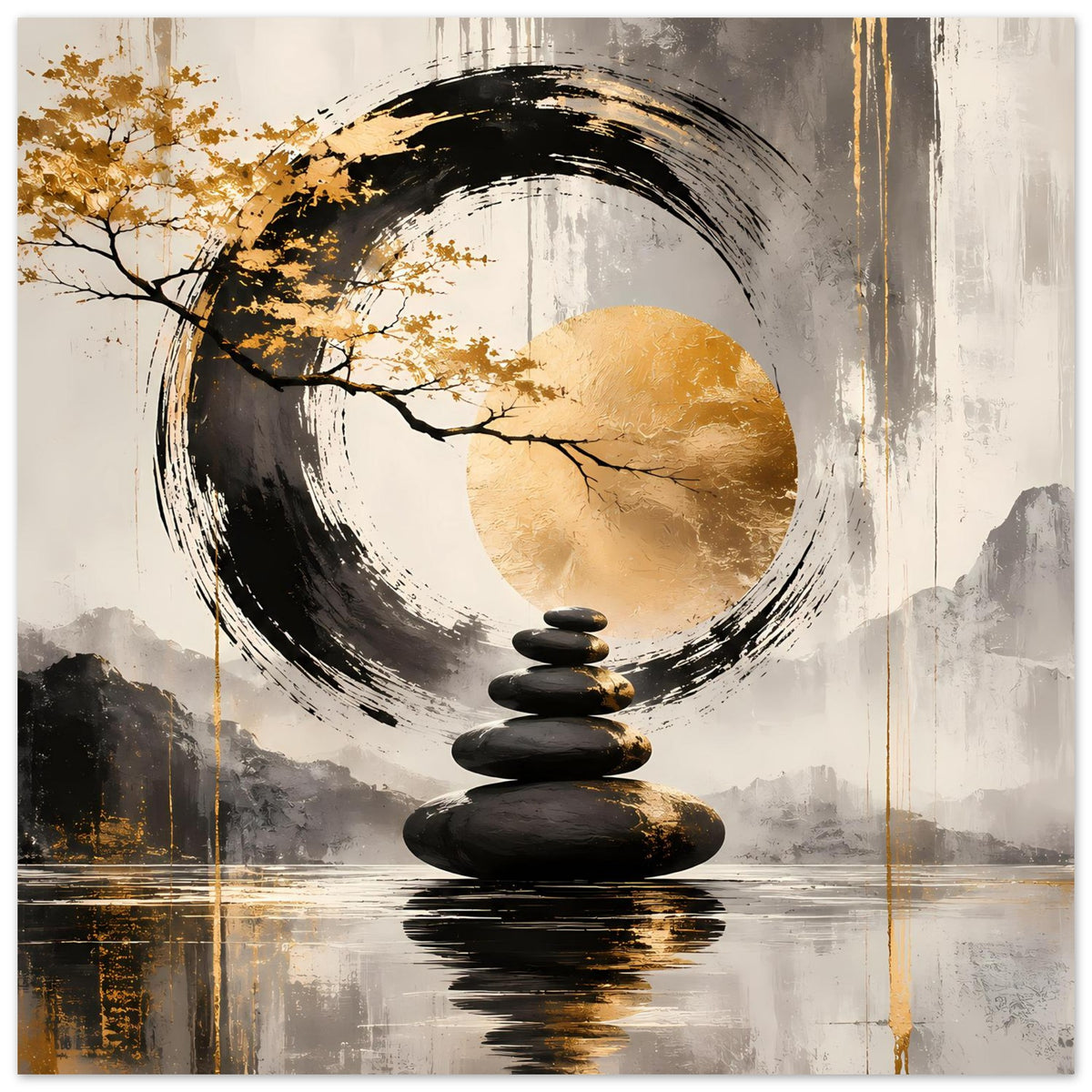 Kunstposter im Hochformat: goldene Baum-/Astsilhouette, schwarzer Ring, zentrale Steinsäule