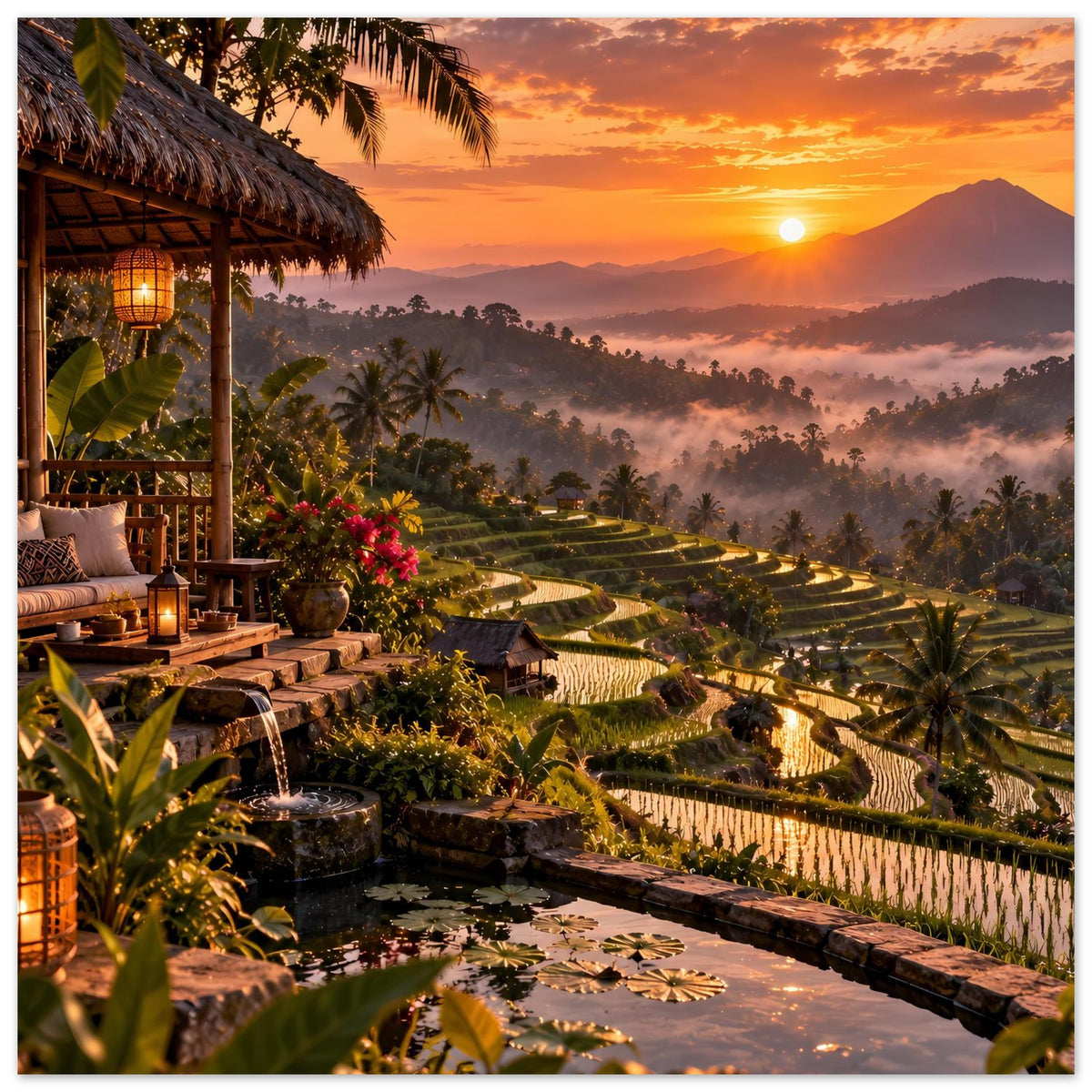 Poster mit tropischer Lodge, Terrasse und Bali-Reisterrassen bei Sonnenuntergang