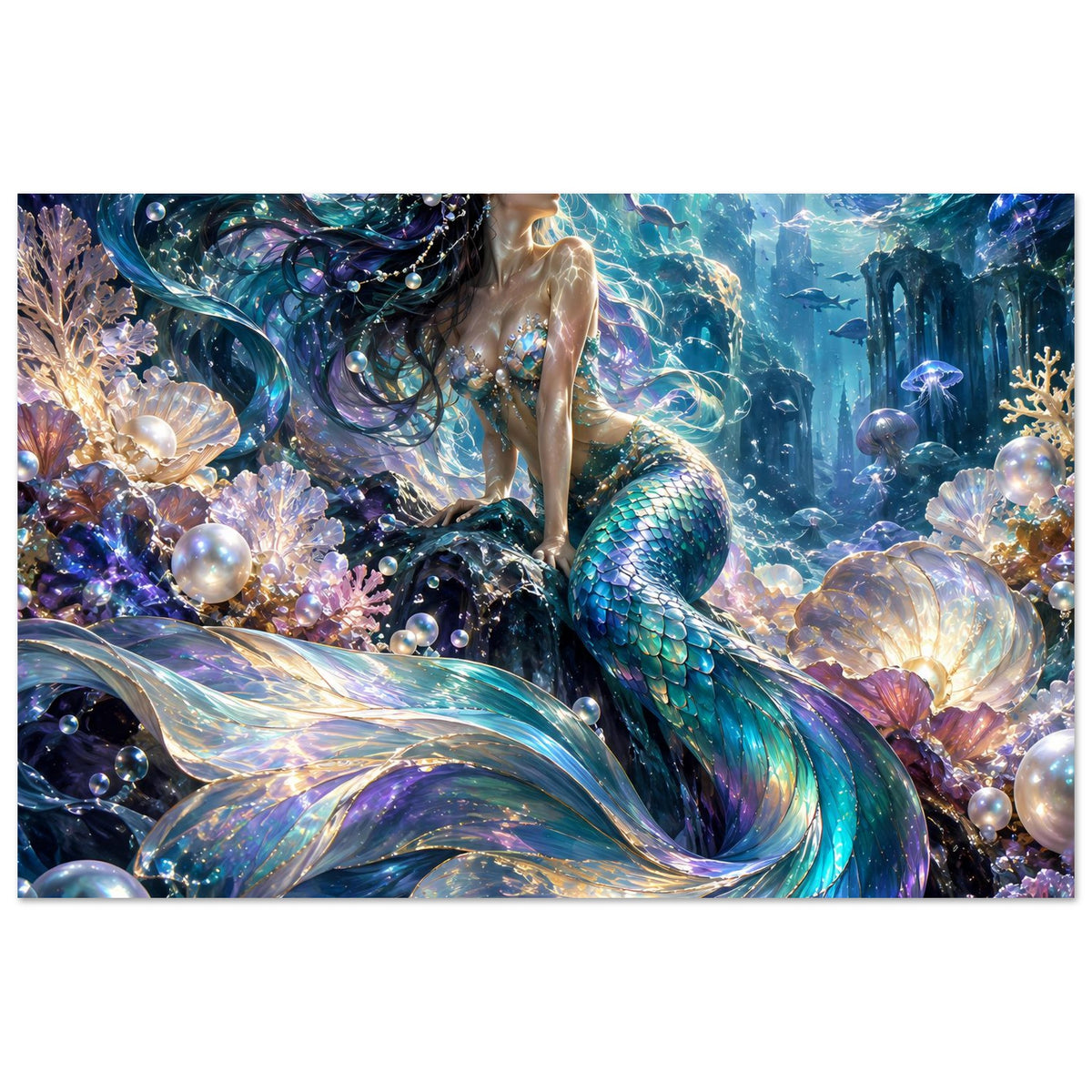 Fantasy-Poster Meerjungfrau mit blau-grün schimmerndem Schwanz, Perlen und Korallen