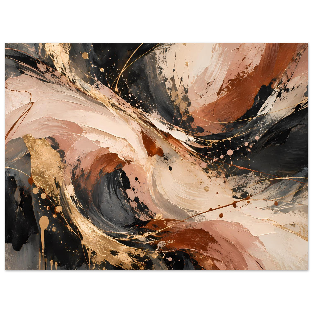 Abstraktes Kunstposter im Querformat mit kräftigen Pinselstrichen in Beige, Braun, Schwarz und Gold