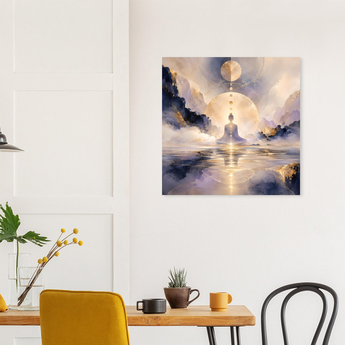 Quadratisches Poster mit Meditationsfigur, goldener Lichtsäule, Wolken und Wasserreflexion