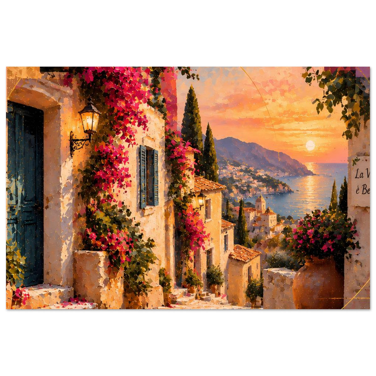 Poster: mediterrane Gasse mit hohen Zypressen, farbigen Blütenranken und goldener Abendsonne