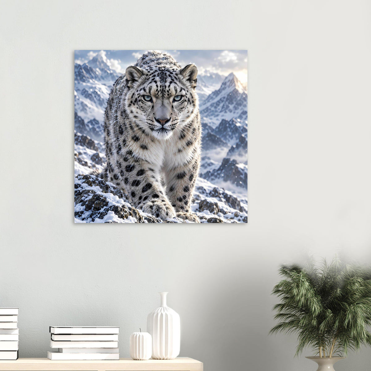 Schneeleoparden-Poster: stehender Leopard mit Blick nach vorn im Schnee vor Bergen