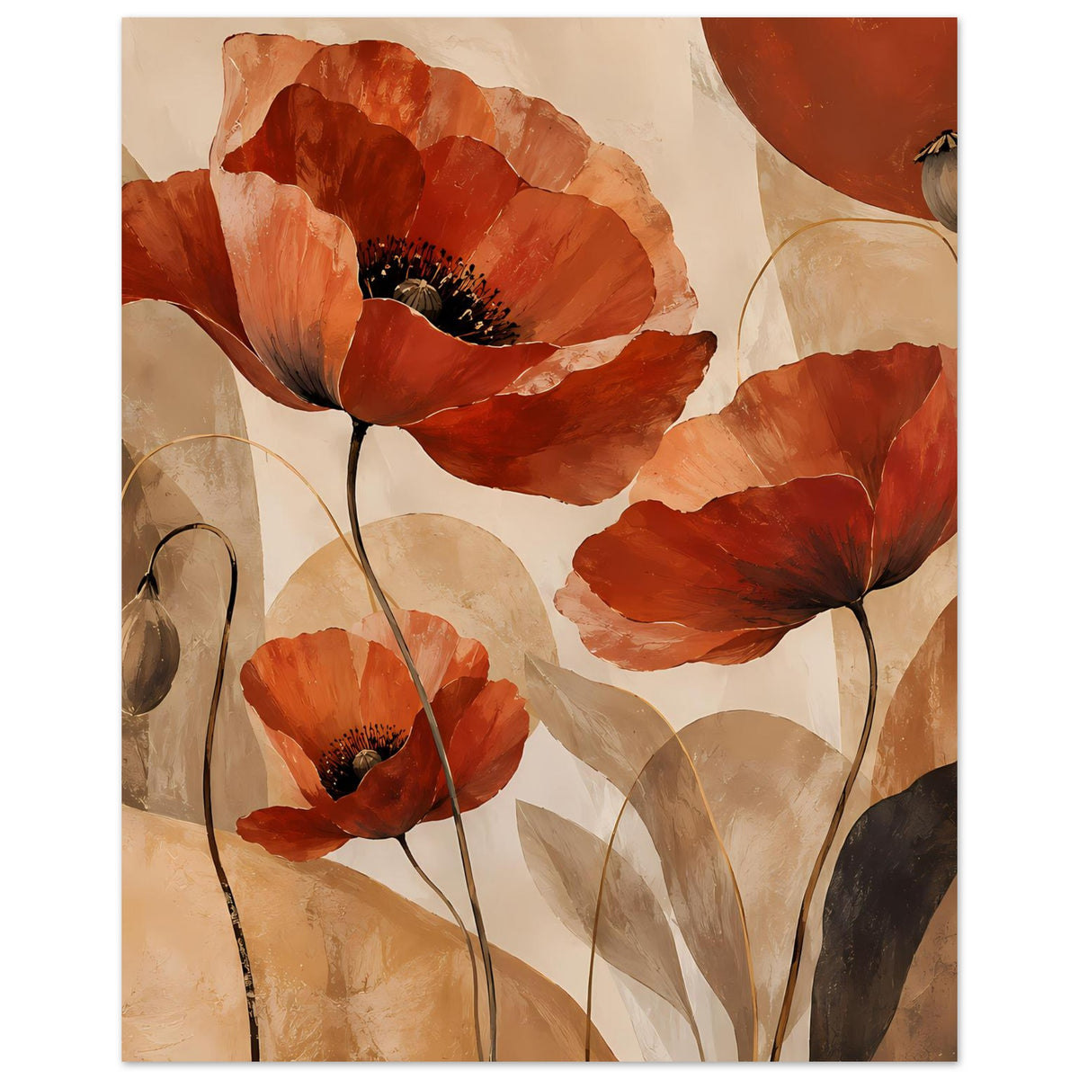Poster mit roten Mohnblüten, schwarzen Staubfäden und schmalen Stielen, warmes Beige