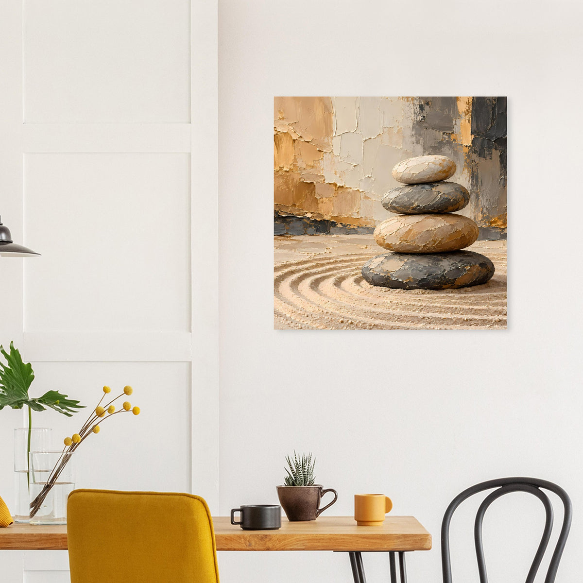 Zen-Balance-Stack Poster mit Steinturm und Sandmuster in warmen Erdtönen