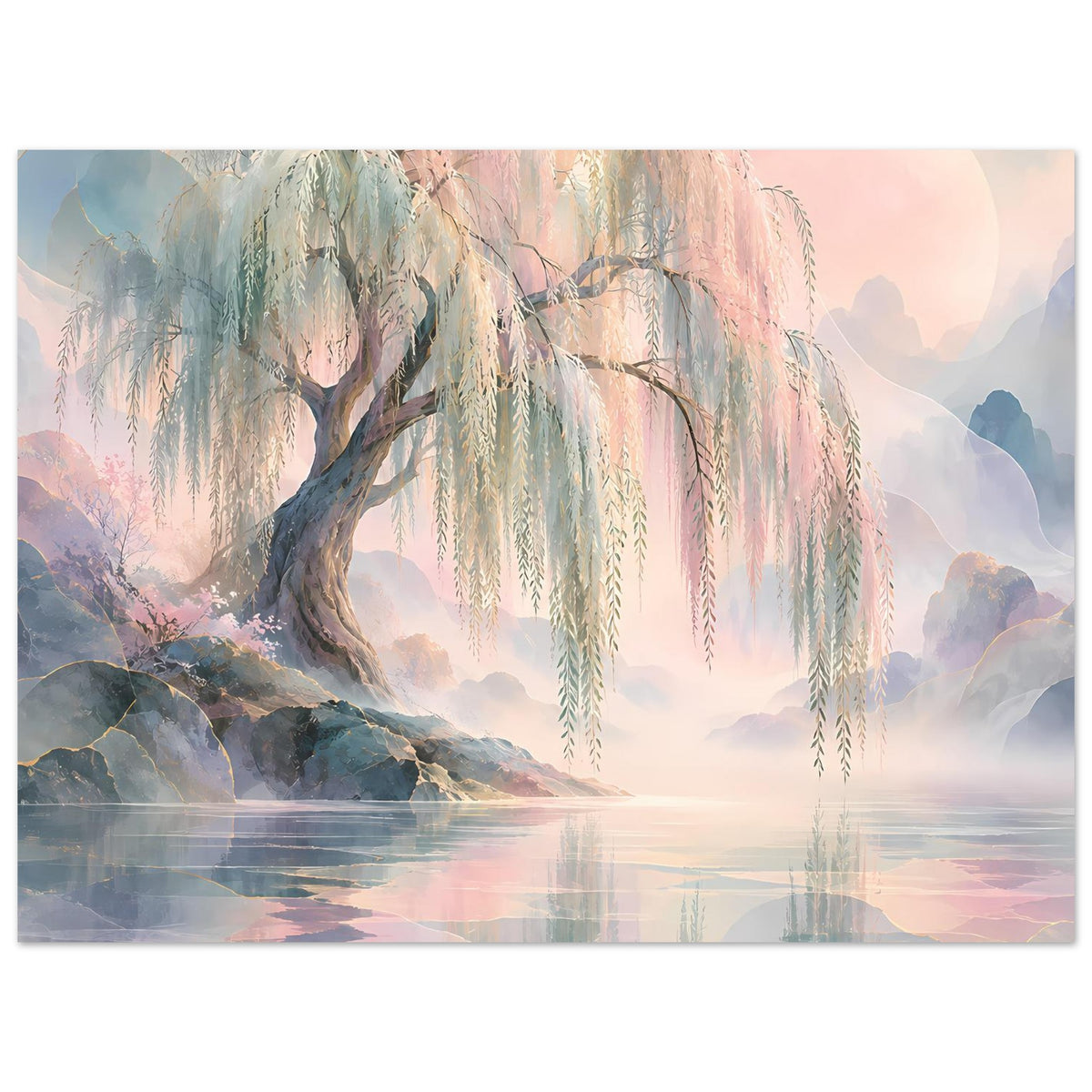 Naturposter mit Trauerweide und hängenden Zweigen über ruhigem Wasser, Pastellfarben